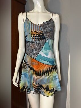 Abstract Patchwork Slip Dress — Teal, Orange & Black